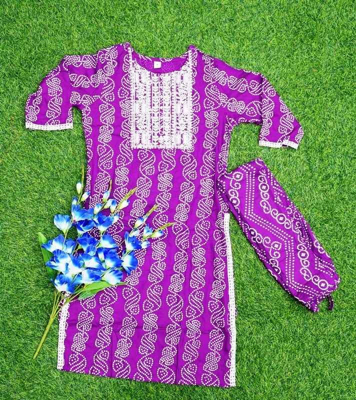 Violet Colored Bandani Printed Designer Dress - She Needs - The Saree World