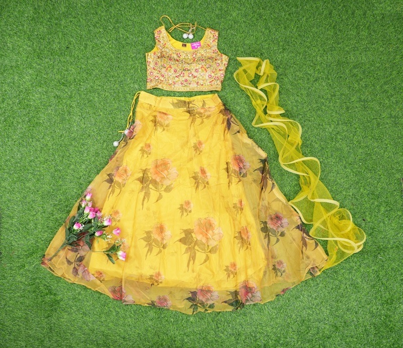 Yellow Colored Floral Organza Crop Top Lehenga Set She Needs The