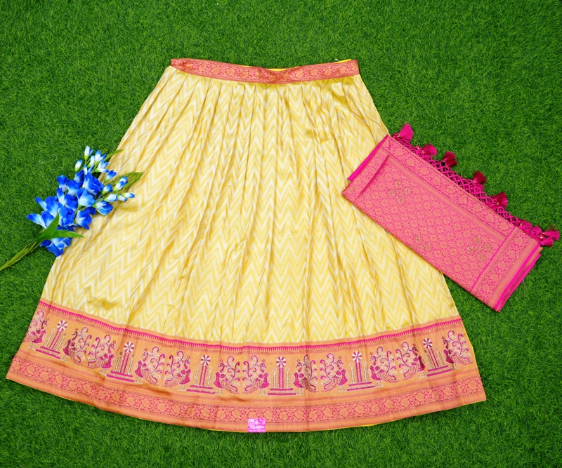 Yellow And Purple Is A Banarasi Silk Zari Work Half Saree For Women.