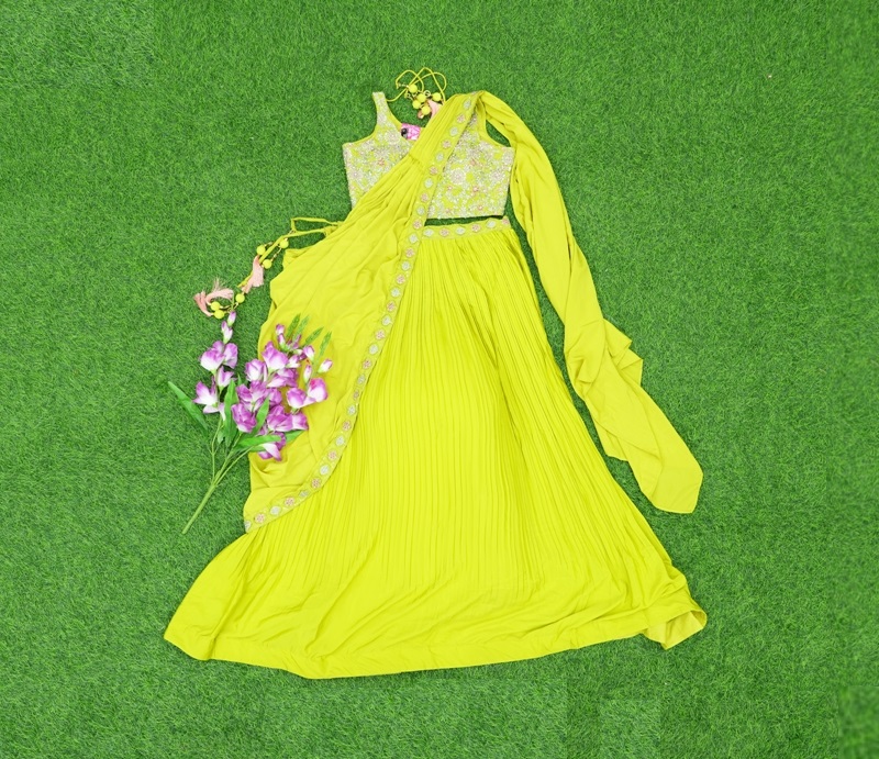 XWQR9263 Mustard Yellow Crop Top Lehenga Set with Net Dupatta – Chhabra 555