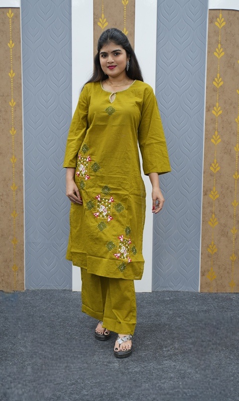 light green black tie dress Mehendi Green Dress Material With Threaded Floral Embroidery & Sequins main image 1