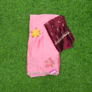Pink and Maroon Color Thread Embroidered with Designer Blouse Saree