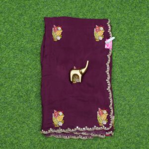 Wine Work Saree with Floral Embroidery Work