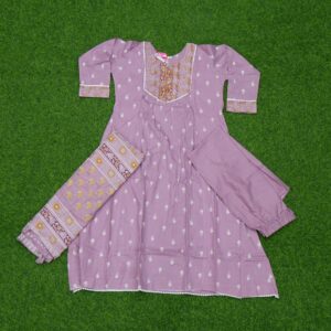 Lavender Embroidered Tiered Designer Dress with Printed Dupatta