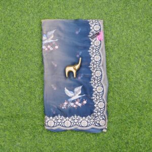 Ash and Blue Color Crepe Silk Saree With Embroidery Work
