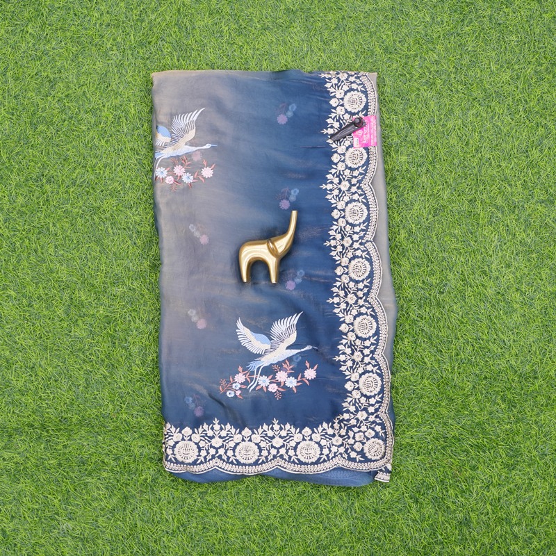 Ash and Blue Color Crepe Silk Saree With Embroidery Work