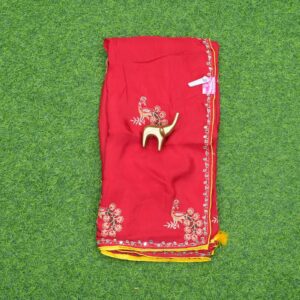 Red and Yellow Work Saree with Elegant Embroidered Design