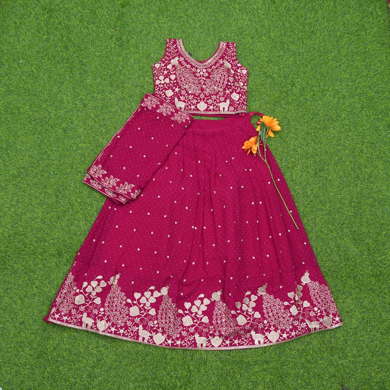 Rani Pink Color Designer Crop Top Lehenga Set