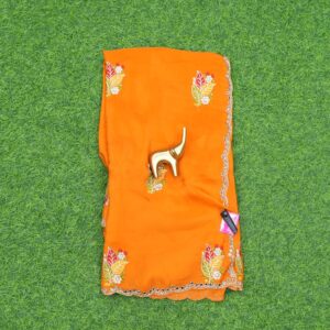 Orange Work Saree with Floral Embroidery Work