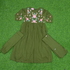 Green Cotton Designer Dress with Floral Embroidery