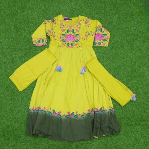 Yellow and Green Color Cotton Designer Dress