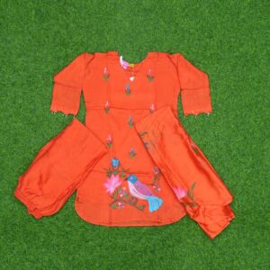 Bright Orange Designer Dress with Bird Motif & Dupatta