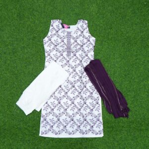 Cream and Purple Color Floral Printed Cotton Designer Dress with Chiffon Dupatta