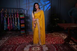 Mustard Yellow Color Crepe Satin Silk Designer Work Saree