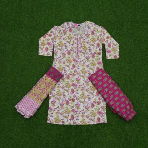 Cream and Pink Color Floral Design Pure Cotton Dress