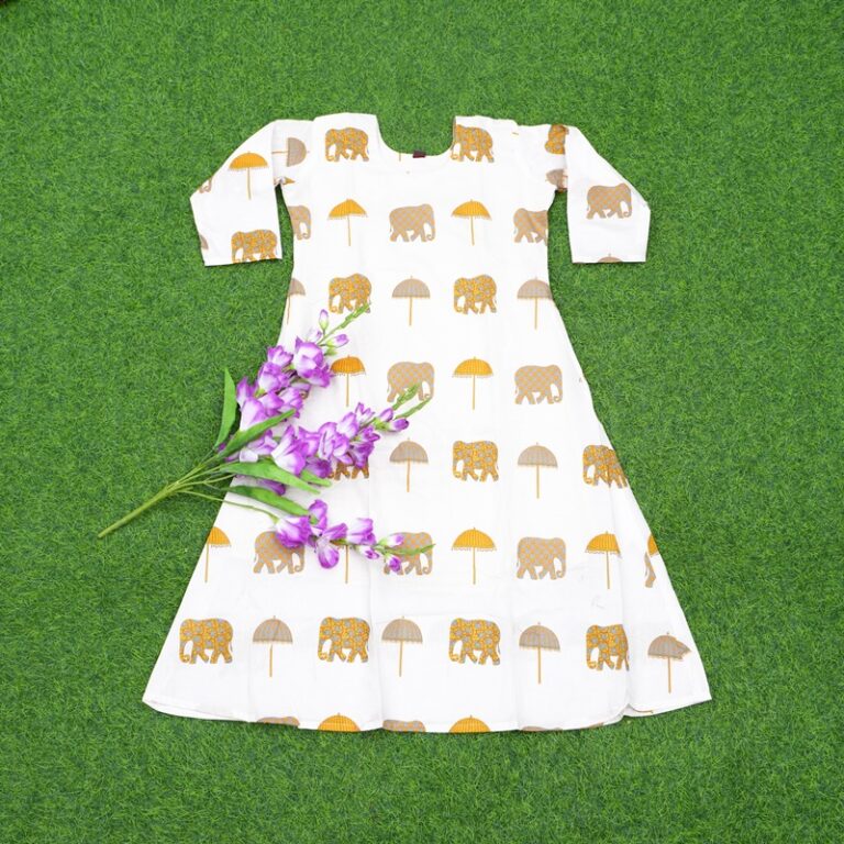 Off White Color Elephant Print Designer Long Frock