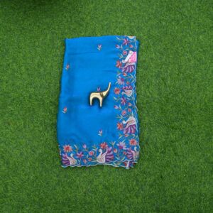 Blue Tussar Silk Floral Embroidery Designer Work Saree