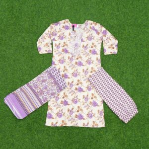 Cream and Purple Color Floral Design Pure Cotton Dress