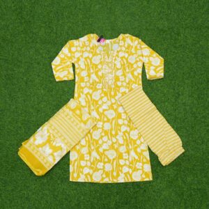 Yellow Color Pure Cotton Floral Designer Dress