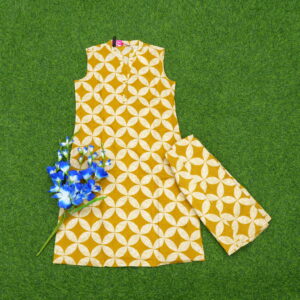 Mustard Yellow Geometric Print  2-Piece Designer Dress