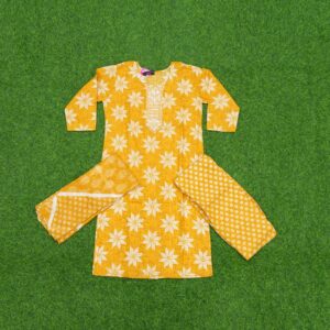 Mustard Yellow Color Pure Cotton Floral Designer Dress