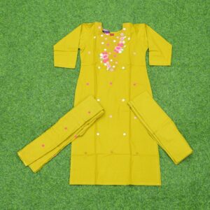 Vibrant Mustard Yellow Cotton Kurti Set with Floral Yoke Embroidery