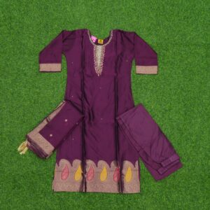 Royal Wine Purple Designer Party Wear Dress with Zari Border & Elegant Embroidered Neckline