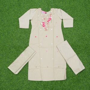 Vibrant Cream Cotton Kurti Set with Floral Yoke Embroidery