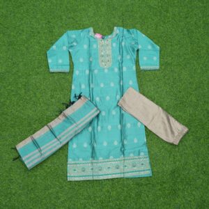 Festive Sea Green Mixed Cotton Designer Dress with Embroidered Yoke