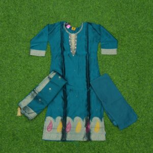 Rama Green Designer Party Wear Dress with Zari Border & Elegant Embroidered Neckline