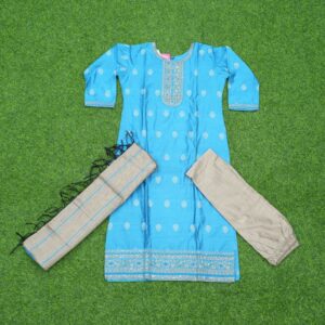 Blue Mixed Cotton Designer Dress with Embroidered Yoke