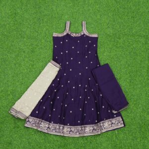 Elegant Purple Anarkali Dress Set with Intricate Silver Zari Border