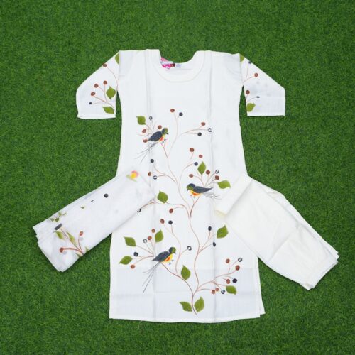 White Color Hand-Painted Bird & Floral Designer Dress