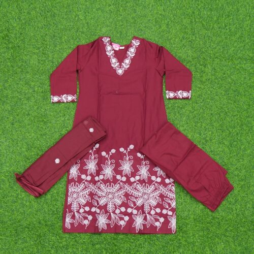 Maroon Color Thread Embroidered Designer Dress