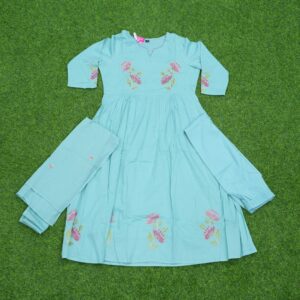 Blue Color Cotton Floral Embroidery Anarkali Designer Dress