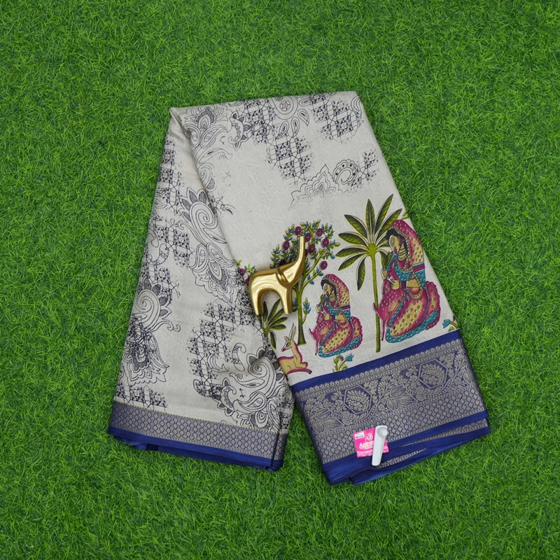 Cream and Navy Blue Color Kalamkari Printed Designer Saree