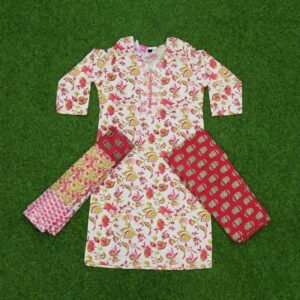 Cream and Red Color Floral Design Pure Cotton Dress