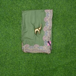 Green Color Crepe Satin Silk Designer Work Saree