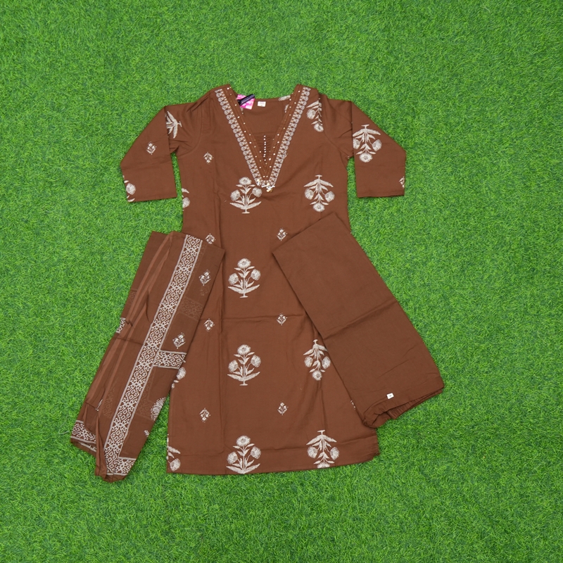 Brown Color Cotton Floral Designer Dress