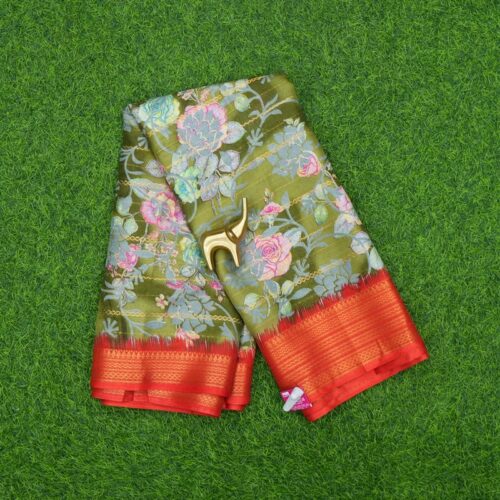 Green and Orange Color Floral Printed Designer Saree