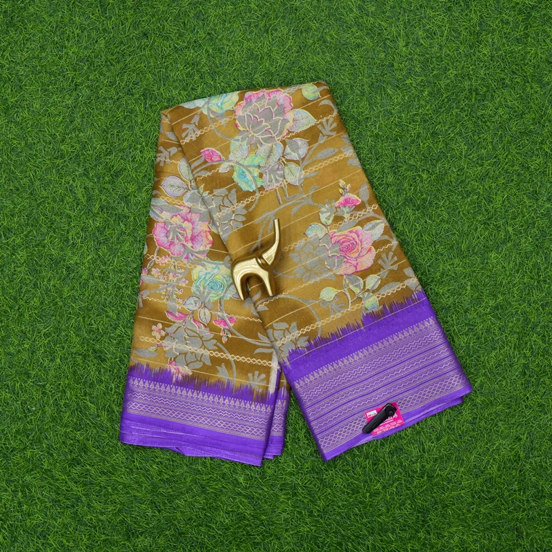Gold and Violet Color Floral Printed Designer Saree
