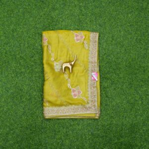 Parrot Green Color Organza Shimmer Embroidered Designer Work Saree