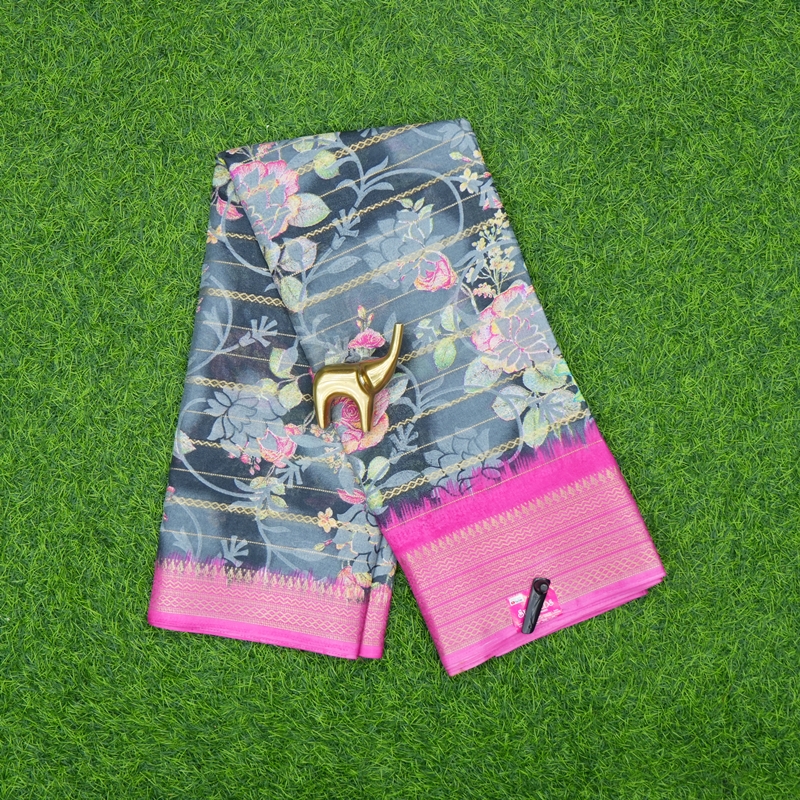 Grey and Pink Color Floral Printed Designer Saree