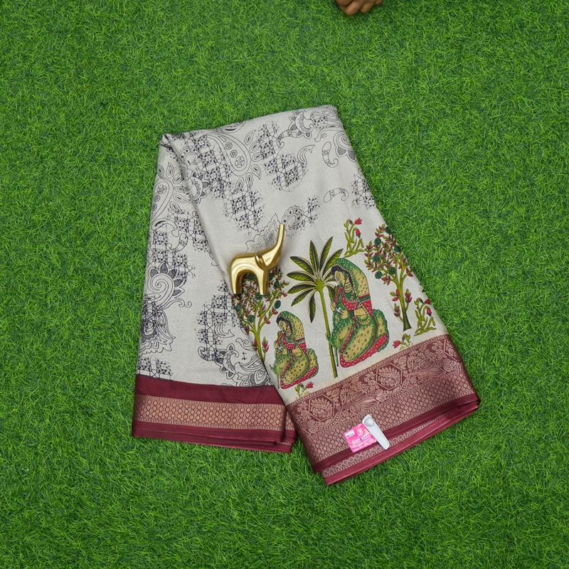 Cream and Maroon Color Kalamkari Printed Designer Saree