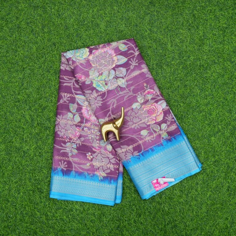 Wine and Blue Color Floral Printed Designer Saree