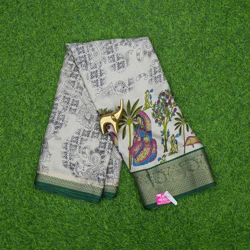 Cream and Green Color Kalamkari Printed Designer Saree