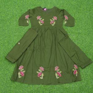 Green Color Cotton Floral Embroidery Anarkali Designer Dress