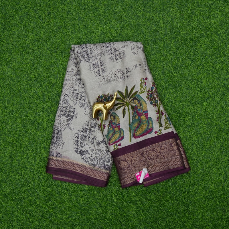 Cream and Wine Color Kalamkari Printed Designer Saree
