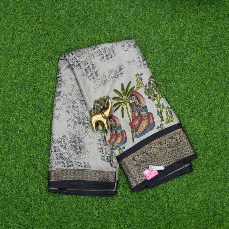 Cream and Black Color Kalamkari Printed Designer Saree