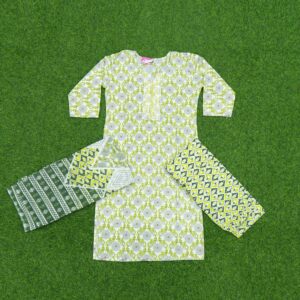Cream and Parrot Green Color Pure Cotton Dress